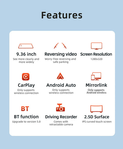 9.36" Car Stereo Touchscreen - MirrorLink, CarPlay & Android Auto Rearview Mirror Recorder with AUX, Bluetooth & FM Radio