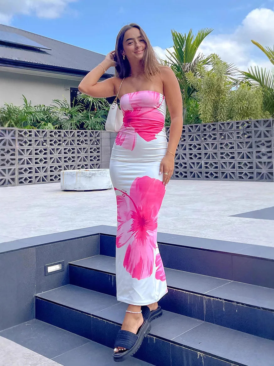 Women’s Floral Strapless Maxi Dress - High Waist Slim Fit Summer Vacation & Evening Party Dress