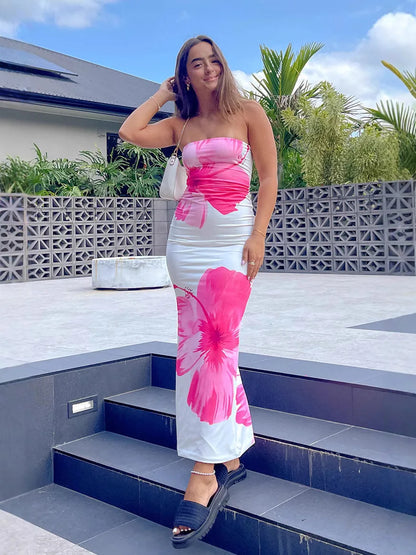 Women’s Floral Strapless Maxi Dress - High Waist Slim Fit Summer Vacation & Evening Party Dress