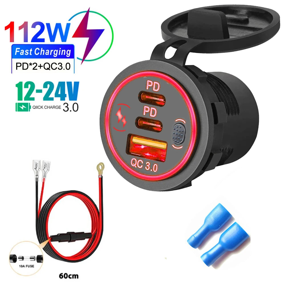 78W Dual USB C Car Charger Socket - PD3.0 & QC3.0 Fast Charging Adapter with LED Touch Switch for 12V/24V Vehicles