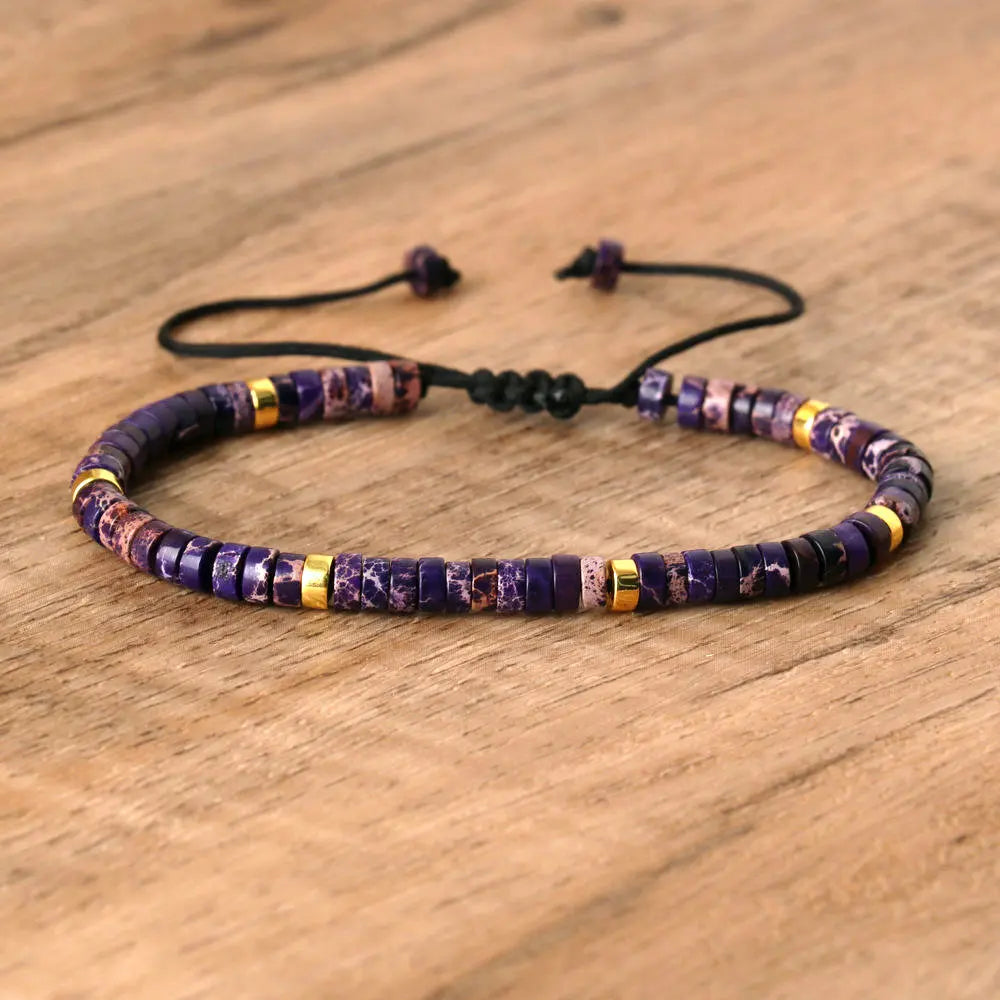 Natural Blue Emperor Stone Beaded Bracelet – Polished Block Beads, Adjustable Woven Rope Women’s Gift Jewelry