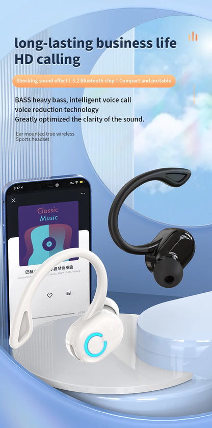 VAORLO Bluetooth 5.2 Ear-Hook Headphones – Mini HIFI Bass Wireless Earphones with Mic for Sports & Gaming
