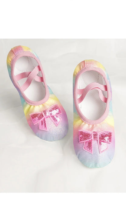 Girls Ballet Dance Shoes — Rainbow Bow Sequin Leather Soft Sole Flats for Performance & Practice