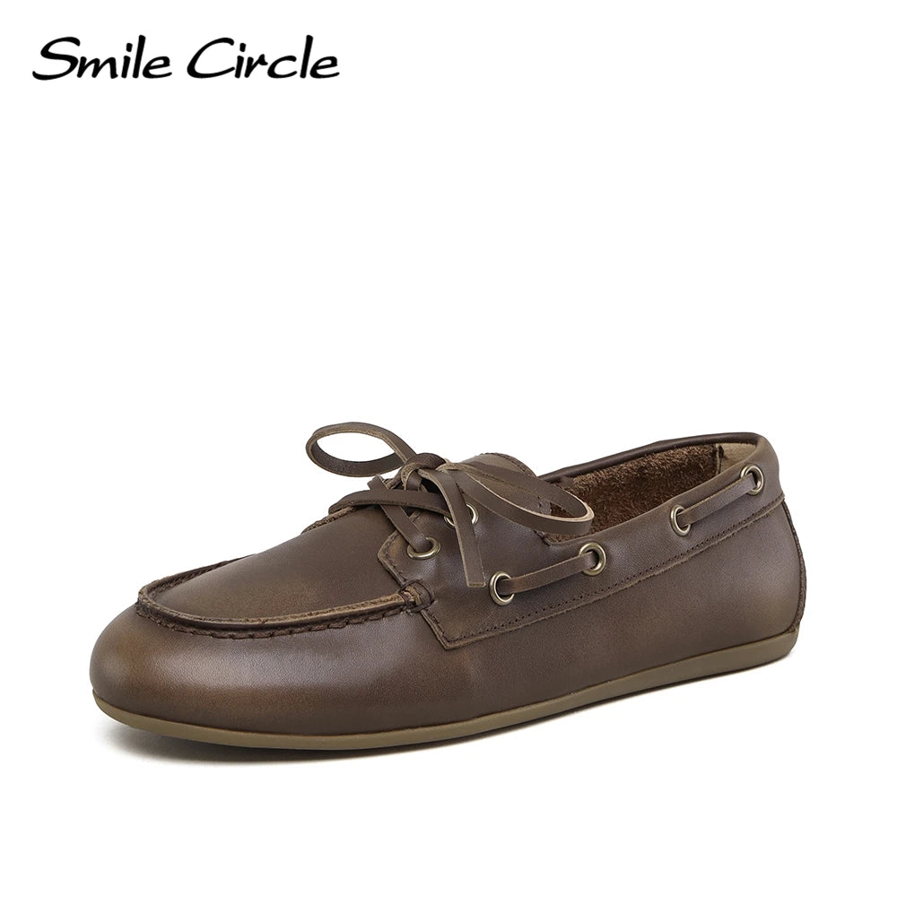 Smile Circle Women’s Genuine Leather Boat Shoes – Lace-Up Moccasins, Flat Casual Loafers