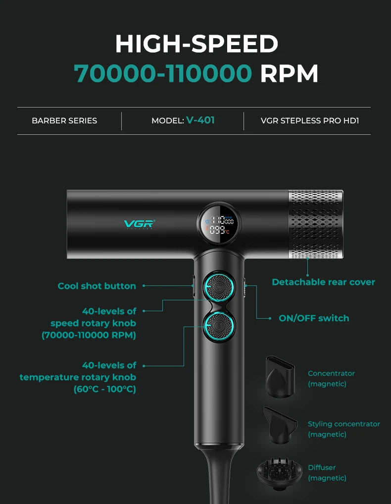 VGR Professional Hair Dryer V-401 — Hot & Cold Adjustment with Brushless Motor 110000 RPM