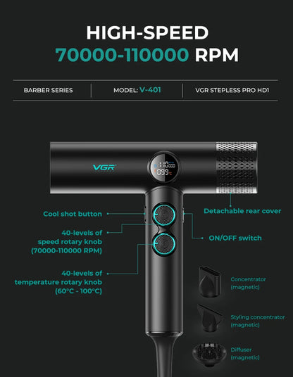 VGR Professional Hair Dryer V-401 — Hot & Cold Adjustment with Brushless Motor 110000 RPM