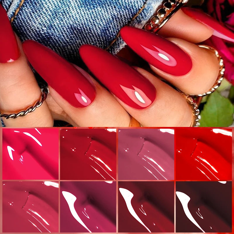 MEET ACROSS 7ml Red Gel Nail Polish – Crystal Semi-Permanent Soak-Off UV Gel, Matte Top Coat and Base Varnish for Nail Art Manicure