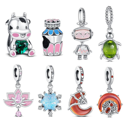 925 Sterling Silver Robot & Sea Turtle Charms Pendant — Moon Bead Bracelet Accessory, DIY Fashion Jewelry Gift for Women