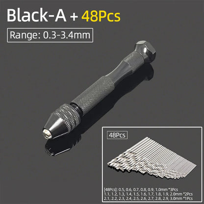Mini Aluminum Hand Drill 0.3–3.4mm – Keyless Chuck Micro Rotary Tool with HSS Twist Drill Bit Set for Wood & DIY Crafts