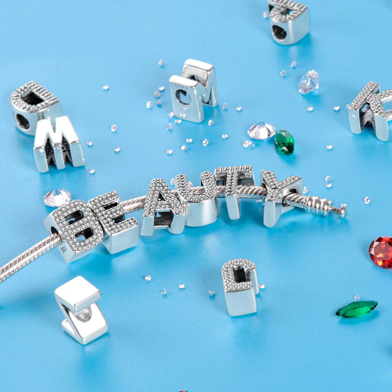 26 A-Z Alphabet Beads 925 Silver LOVE Letter Charms for 3mm Bracelets - CZ Zircon DIY Jewelry Gift