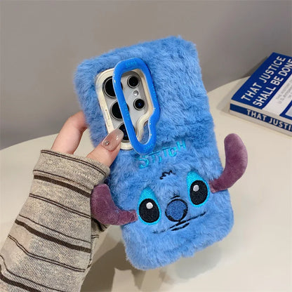 Cute Cartoon Stitch Plush Phone Case with Lens Holder – Shockproof Cover for Samsung Galaxy S23/S24/S25 Plus Ultra A56