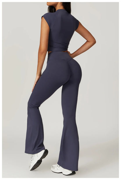 Women’s 2PCS Sportswear Yoga Set – Short Sleeve Crop Top & High Waist Leggings for Gym & Fitness