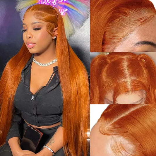 34" Orange Ginger Lace Front Wig – Straight Peruvian Human Hair, 13x4/13x6 Pre-Plucked Lace Frontal