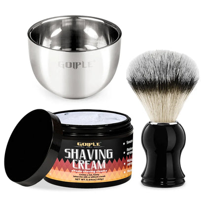GOIPLE Shaving Cream for Men – Stainless Steel Foaming Bowl & Shaving Brush, Men’s Facial Cleansing Product for Manual Shave