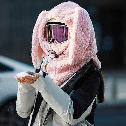 Winter Wool Ski Hat & Helmet Cover – Soft, Warm, Cute Cartoon Bunny Ears for Casual Skiing