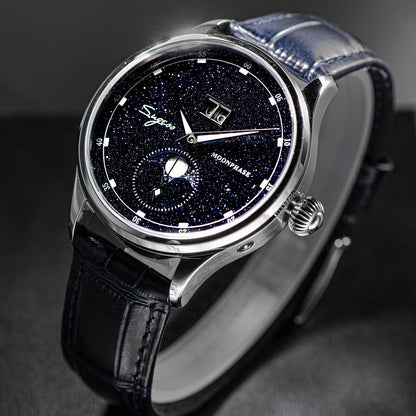 Sugess Moonphase Men’s Automatic Mechanical Watch — 40MM Stainless Steel with Seagull ST2528 Movement and Blue Sandstone Dial