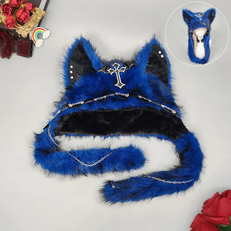 Dark Series Gothic Cat Ear Plush Hat — Y2K Cross Metal Style Cosplay Punk Rock Warm Cap for Men, Women & Kids