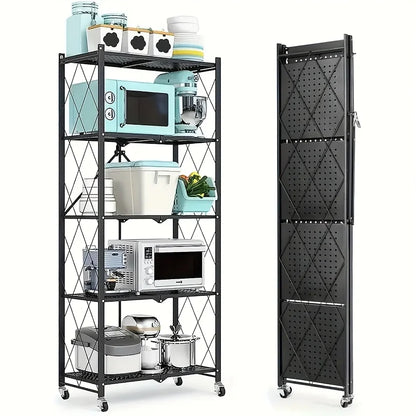 3/4/5-Tier Heavy-Duty Rolling Storage Shelf – Foldable Portable Iron Shelving Unit with Wheels for Home & Garage Organization