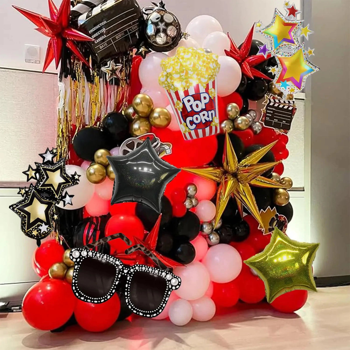 4-Piece Movie Night Party Decorations - Projector, Sunglasses and Popcorn Foil Balloons for Birthday Celebrations