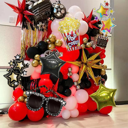 4-Piece Movie Night Party Decorations - Projector, Sunglasses and Popcorn Foil Balloons for Birthday Celebrations