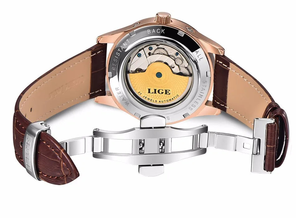 LIGE Men's Automatic Mechanical Tourbillon Watch - Waterproof Genuine Leather Military Wristwatch