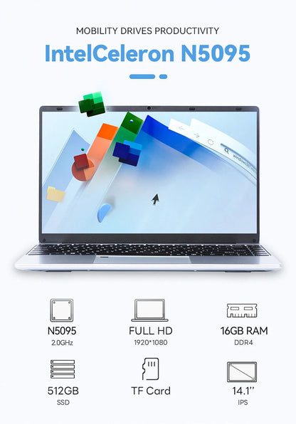 FIREBAT A14 Laptop — 14.1" FHD Intel N5095, 16GB RAM, 512GB/1TB SSD, Lightweight Business Notebook with Fingerprint