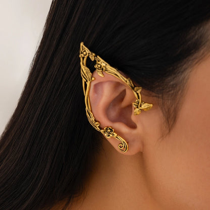 Gold Elf Flower Leaf Ear Cuffs - Fairy-Inspired Clip-On Earrings for Women & Girls