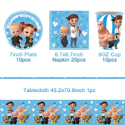 Cartoon Boss Baby Birthday Party Set - Disposable Tableware, Backdrop & Balloons for Kids Baby Shower Decor