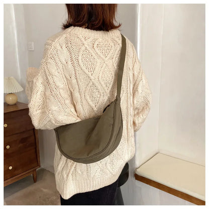 Solid Color Women's Portable Shoulder Bag – Simple Nylon Cloth Padded Crossbody Travel Purse & Messenger Bag