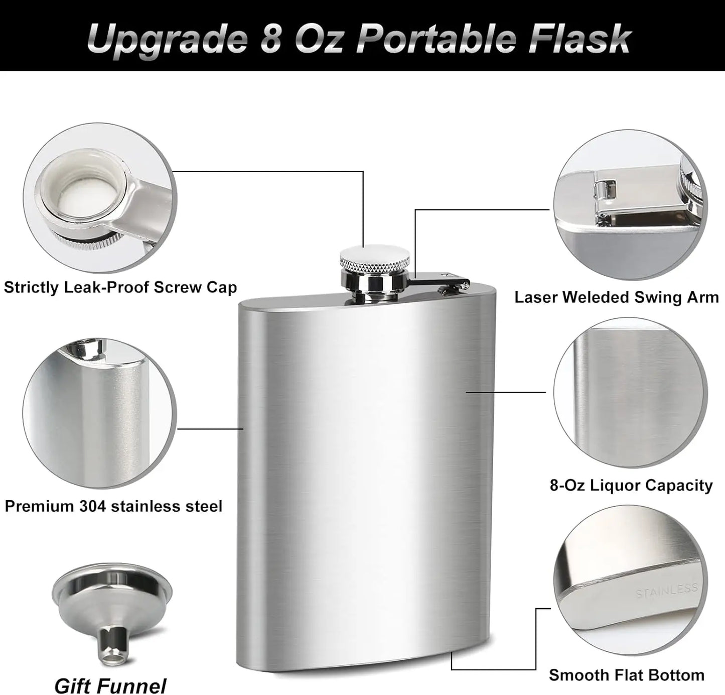 LMETJMA Stainless Steel Hip Flask with Funnel – 1-10oz Pocket Flask for Alcohol, Whiskey, Screw Cap (KC0139)