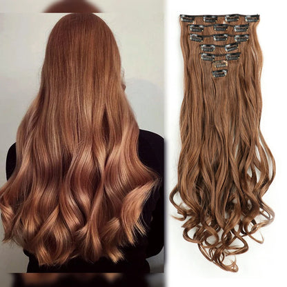 Clip-In Hair Extensions, 7-Piece Full Head 22-Inch Long Curly Wavy Synthetic Hair Extensions for Women and Girls
