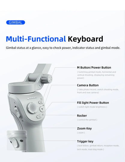 TOKQI M01 3-Axis Handheld Gimbal Stabilizer – Anti-Shake Foldable Holder, Selfie Tripod with Fill Light for iPhone & Smartphones