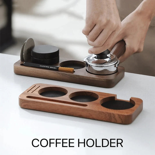 Walnut Wood Coffee Tamper Mat & Portafilter Stand — Holder Rack for 51mm, 54mm, 58mm Espresso Accessories
