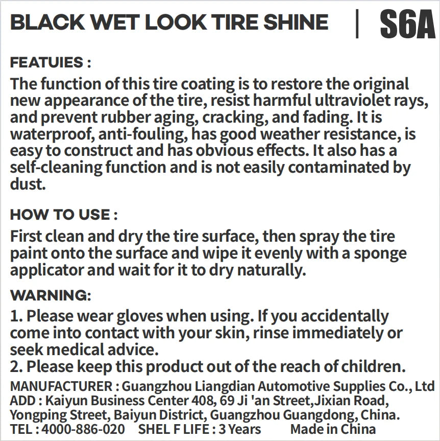 Black Wet Look Tire Shine Dressing Spray – Glossy Tire, Vinyl & Plastic Clear Coat with UV Protection