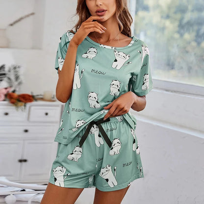 Women’s Pajama Set — 2-Piece Short Sleeve Cartoon Print Sleepwear Top & Pants Loungewear