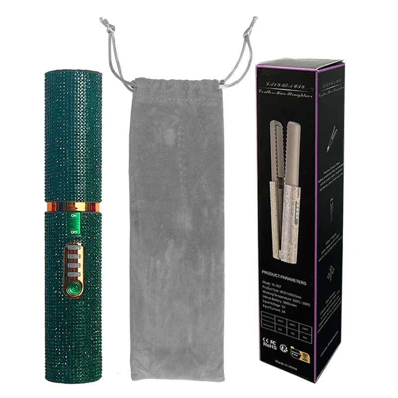 2-in-1 Wireless Hair Straightener & Curler – USB Rechargeable Diamond Design Styling Brush for Travel & Home