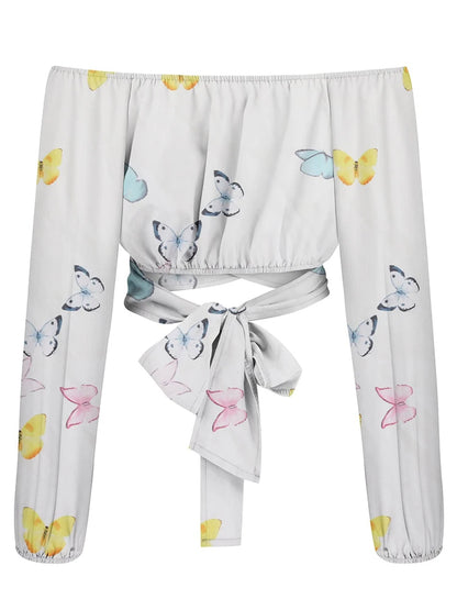 Boho Print Blouse: Women's Elegant Casual Off-Shoulder Slim Shirt - Long Lantern Sleeve Chic Cropped Top for Summer Tunics