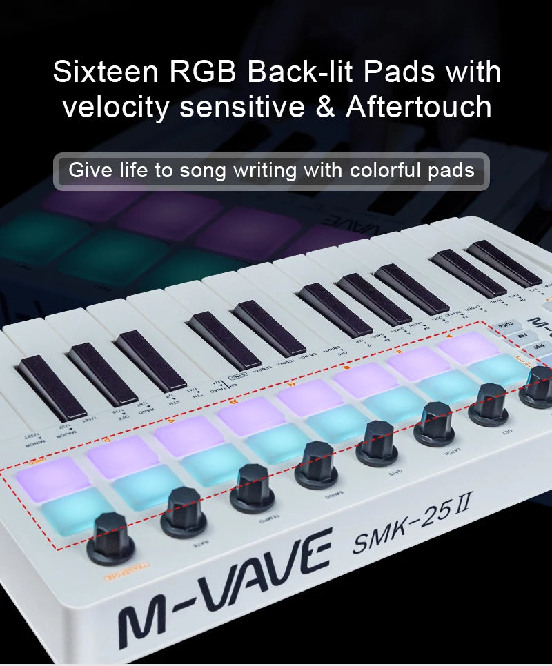 M-VAVE SMK-25 II MIDI Pad Controller Keyboard – 25 Key USB Mini, 16 RGB Drum Pads, 8 Knobs, Music Production Software Included