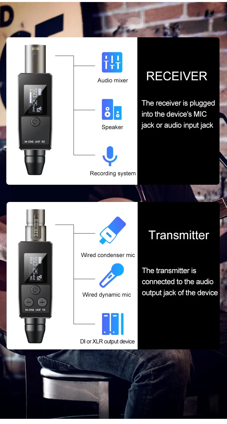 VK-38 UHF Wireless Microphone Converter – XLR Transmitter & Receiver for Dynamic Mic & Guitar
