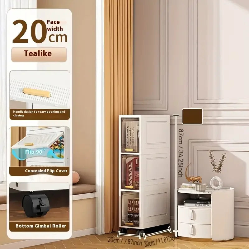 20cm Slim Storage Cabinet - 3/4/5 Tier Narrow Rolling Organizer Shelf with Wheels for Space-Saving Home Storage