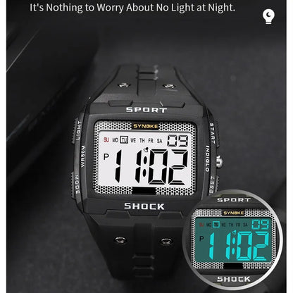 SYNOKE Men’s Sports Electronic Watch – Waterproof Night Glow Large Screen Square Outdoor Running & Camping Watch