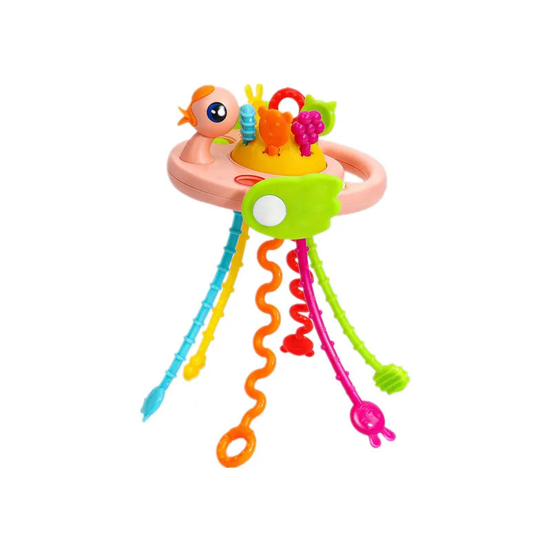 Baby Pull String Sensory Toy - Silicone Teething Rattle Montessori Learning Toy for 6-12 Months