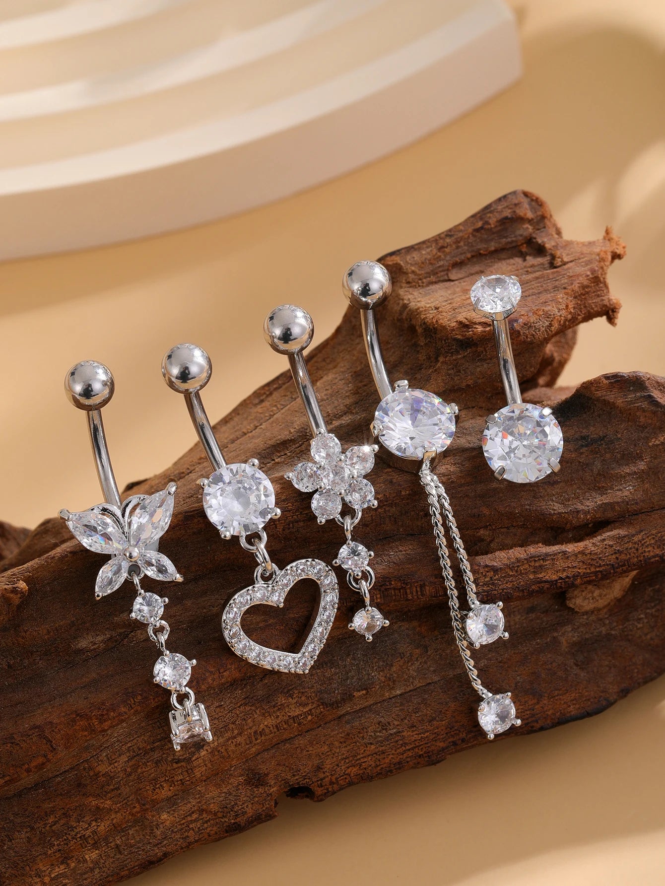 5PCS Belly Button Ring Set – 14G Curved Navel Piercing with Butterfly & Heart Charms, Body Jewelry for Women & Girls