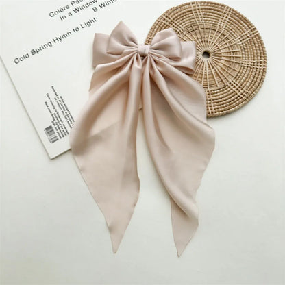 Ladies Satin Oversized Ribbon Bow Hair Clip – White, Pink, Red, Blue, Black, Long Tail Spring Clip for Ponytail Hair Accessories