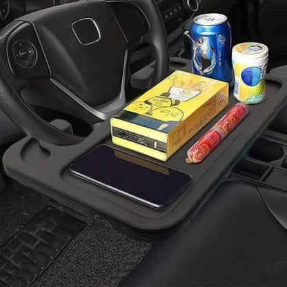 Portable Universal Folding Car Laptop Desk Mount — Steering Wheel Tray Table with Cup Holder for Work & Dining