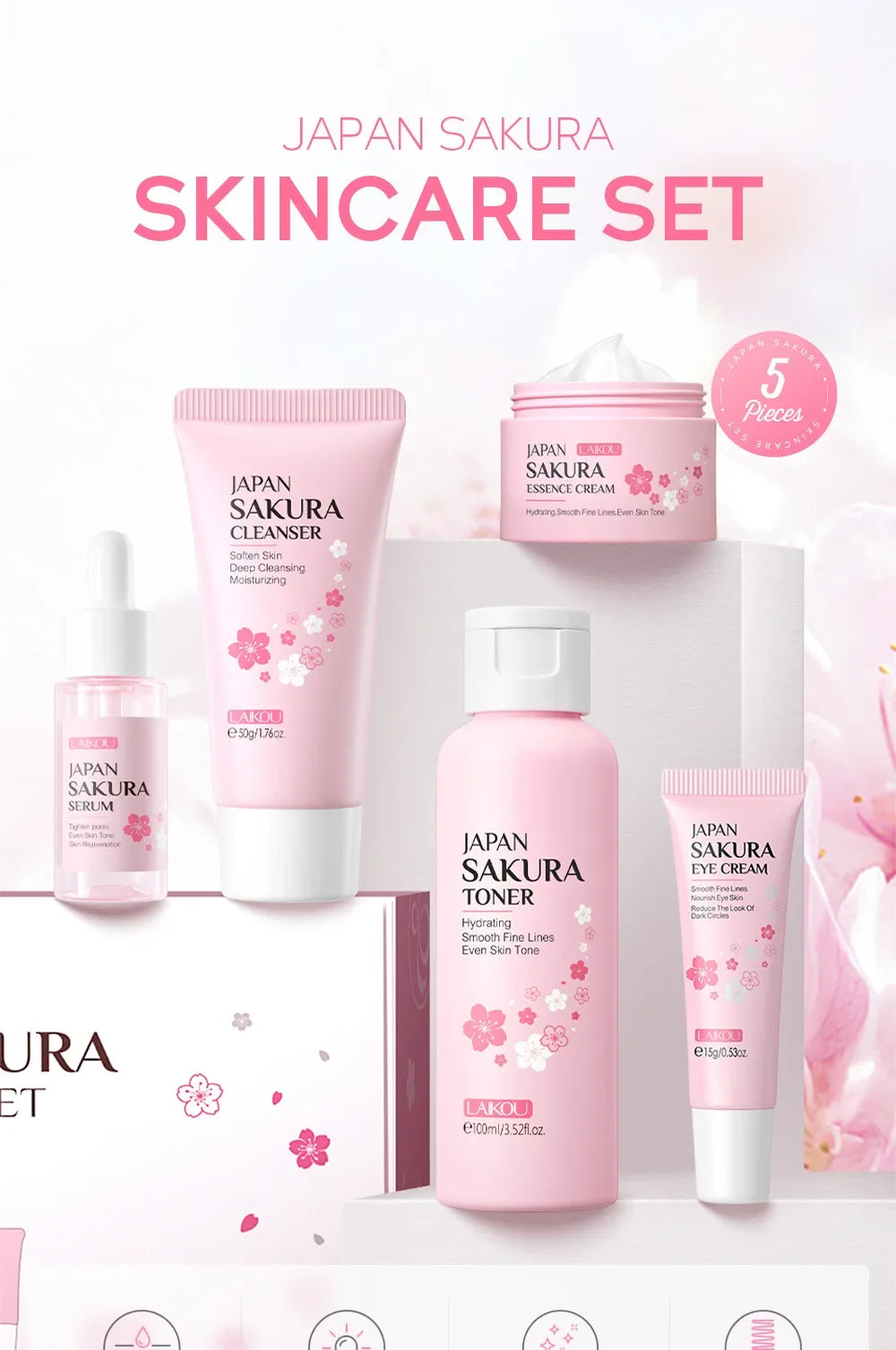 LAIKOU Sakura Skincare Set - 5 Piece Beauty Kit for Moisturizing, Pore Care & Fine Line Reduction