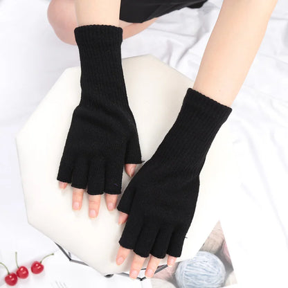 Black Knitted Fingerless Gloves - Winter Thermal Warm Mittens for Men and Women, Cozy Driving, Writing, and Riding Work Gloves