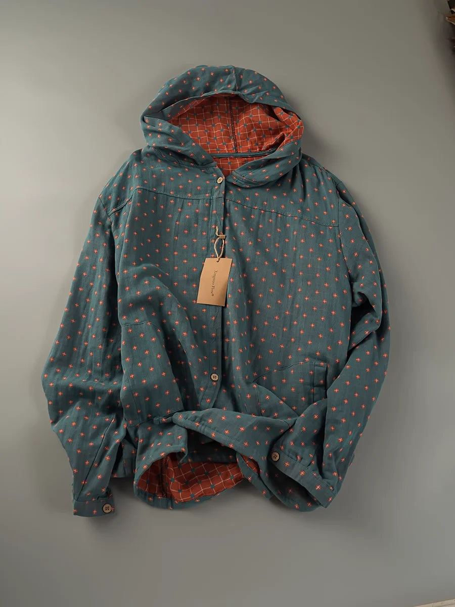 100% Cotton Plaid Hooded Shirt - Women's Casual Oversized Long Sleeve Top for Spring & Autumn