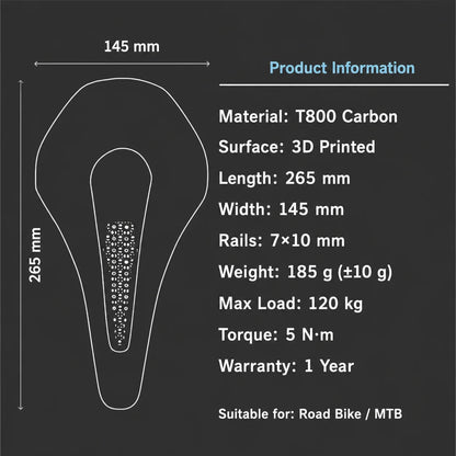 2026FKFB Ultra Full Carbon 3D Printed Bike Saddle - 185g Toray T800 Carbon Fiber MTB Cycling Seat, 145mm