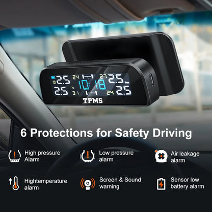 Solar TPMS Tire Pressure Monitoring System – 4-Wheel External Sensors with Temperature Alarm for Car Tyre Safety